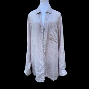 OLSEN XL light purple blush tab sleeve long button up 100% linen V neck shirt